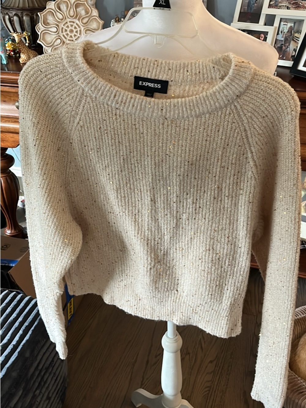 Express Cream Sequin Crewneck Sweater